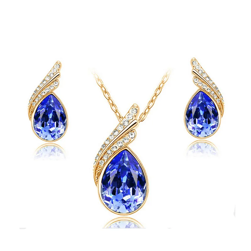 gold dark blue Модные аксессуары, набор аксессуаров для девочек, ожерелье с кристаллами, серьги, комплекты ювелирных изделий с кристаллами 006 - Окраска металла: gold dark blue