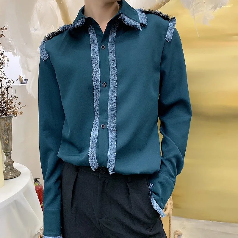 

M-6XL!Spring new lazy fur line tassel shirt tide brand men's court court feeling long-sleeved shirt.