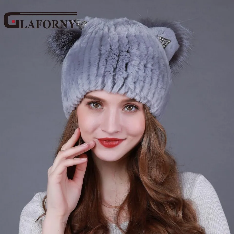 Женская меховая шапка Glaforny натуральная из меха кролика рекс с милыми кошачьими