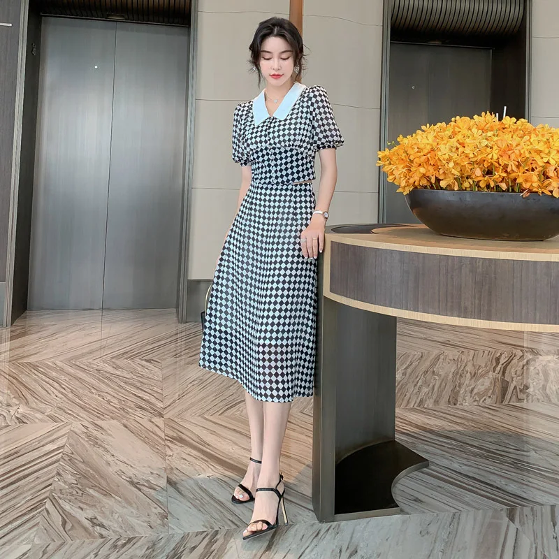 Шифоновый Классический Клетчатый костюм женский комплект 2 шт. летняя блузка с