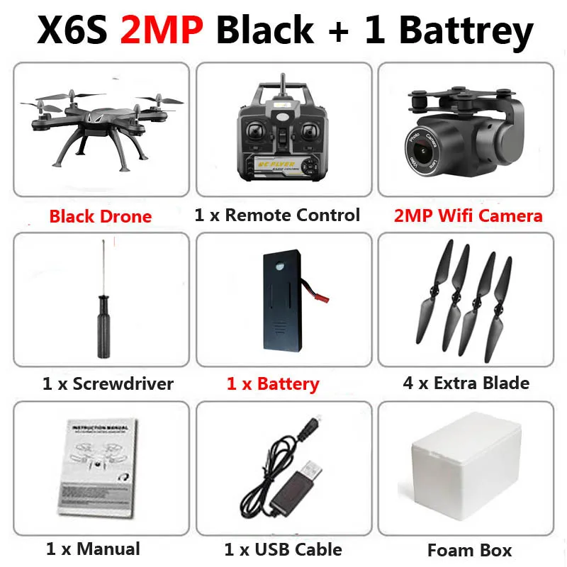 X6S Дрон с камерой 720P 1080P 4K HD WiFi FPV в режиме реального времени аэрофотосъемка высота удержания RC Квадрокоптер Вертолет игрушки VS SG106 E58 - Цвет: 2MP Black 1B