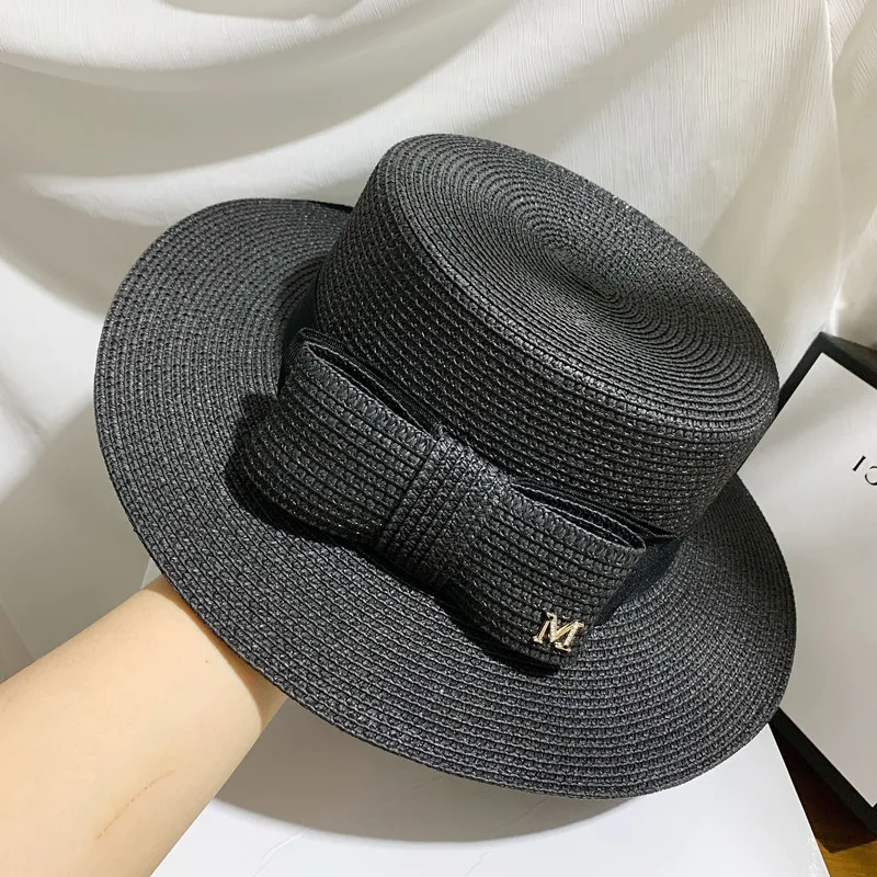 French Straw Flat Top Bow Female Sun Hats M Panama Elegant Wide Brim Anti-UV Beach Hat Women's Summer Sun Cap Gorras