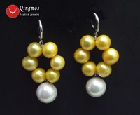 qingmos trendy pearl leverback earrings for women with yellow 10 11mm pearl 14mm white sea shell pearl ear636 free ship