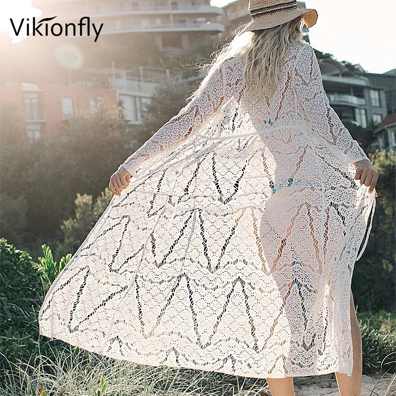 Длинная Пляжная накидка Vikionfly Женский вязаный кружевной купальник купальный