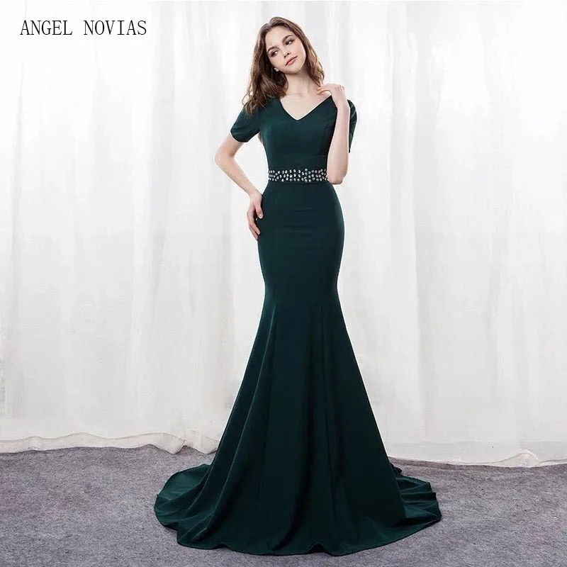 Женское длинное вечернее платье Angel Novias зеленое платье-Русалка с кристаллами для