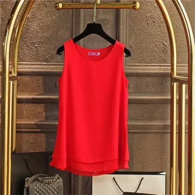 Big Red New Solid color Women Long Chiffon shirt summer Casual Top plus size S-6XL Loose sleeveless Blouse Double chiffon Blouses - Цвет: Big Red