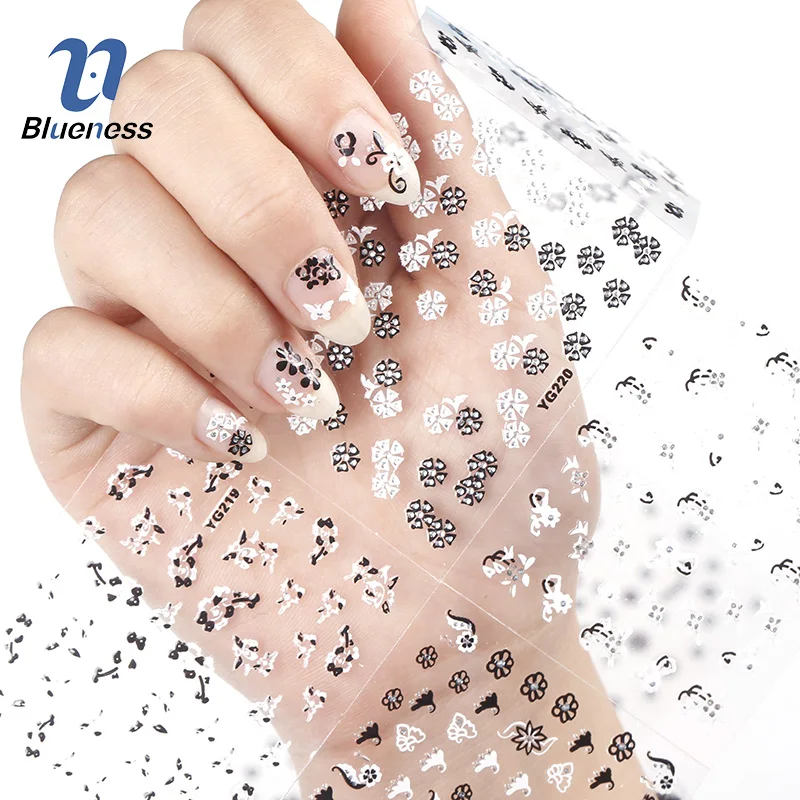 Blueness стикеры 3D на ногти Nail Art Красота лето 24 дизайн белый черный цветок Фольга