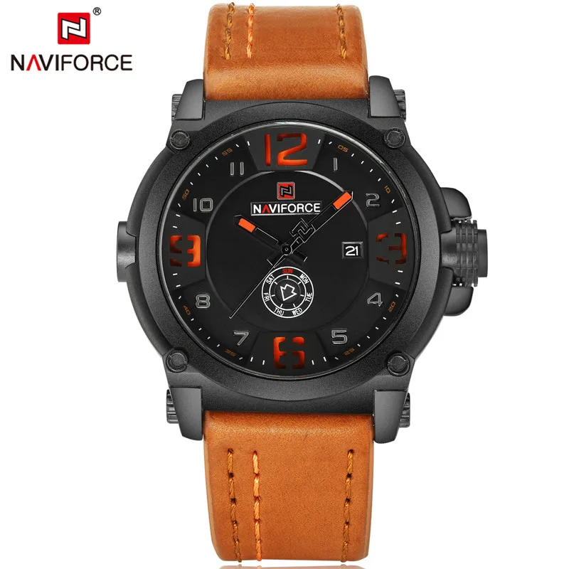 Новая мода Для мужчин S Часы naviforce militray Спорт кварцевые Для мужчин часы кожа Водонепроницаемый мужской Наручные часы Relogio Masculino - Цвет: black orange