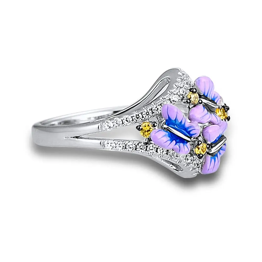Серебряное женское кольцо SANTUZZA, 925 пробы, серебряное, сказочное, с бабочкой, кольцо с кубическим цирконием, вечерние ювелирные изделия, эмаль ручной работы