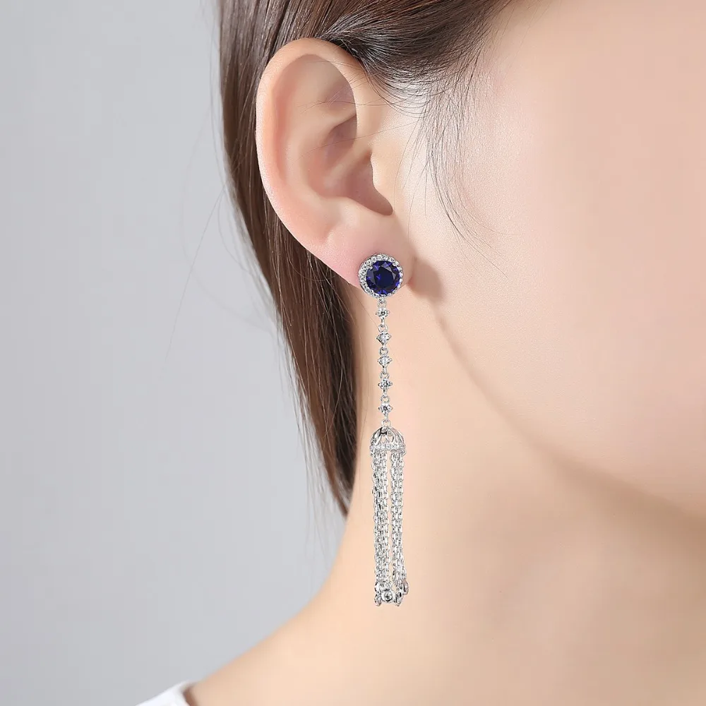 LUOTEEMI Long CZ Chain Tassel Drop Earrings For Women Blue Color Big Large Brinco Statement Bohemian Party Jewelry Colgantes|earrings for|earrings