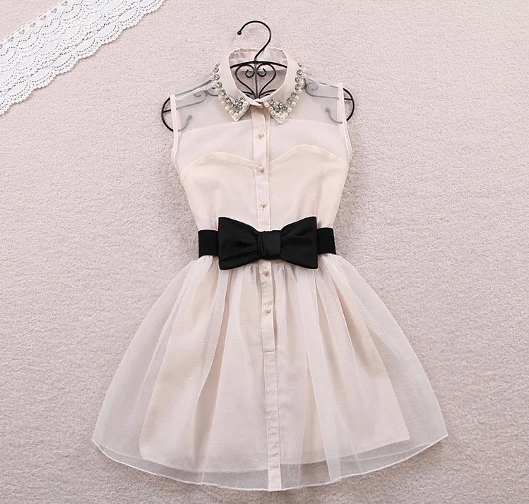 Free Bow Belt Spring Summer 2016 New Fashion Sweet Pearl Diamond Lapel Waist Sleeveless Tank Vest Dress Gauze Tutu Black Beige | Женская
