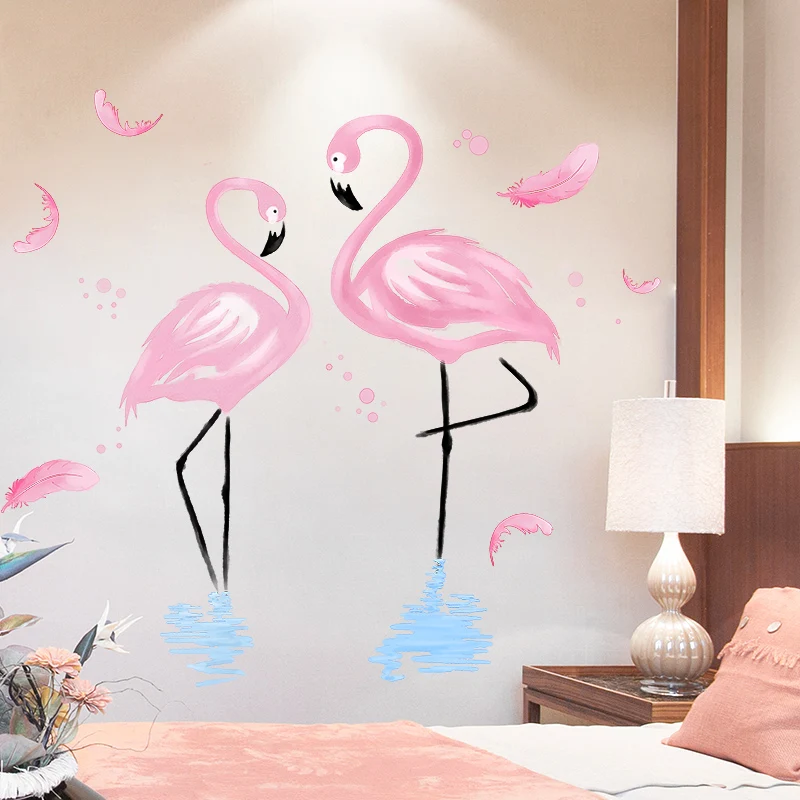 [SHIJUEHEZI] Romantic Flamingo Wall Stickers PVC Material DIY Feathers Decals for Kids Rooms Living Room Decoration | Дом и сад