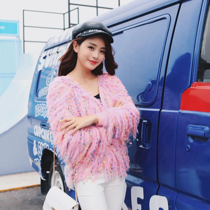 

JSXDHK Colorful Furry Knitted Tassel Cardigan Fashion Autumn Women Handmade Fringed Open Stitch Shaggy Loose Sweater Outerwear
