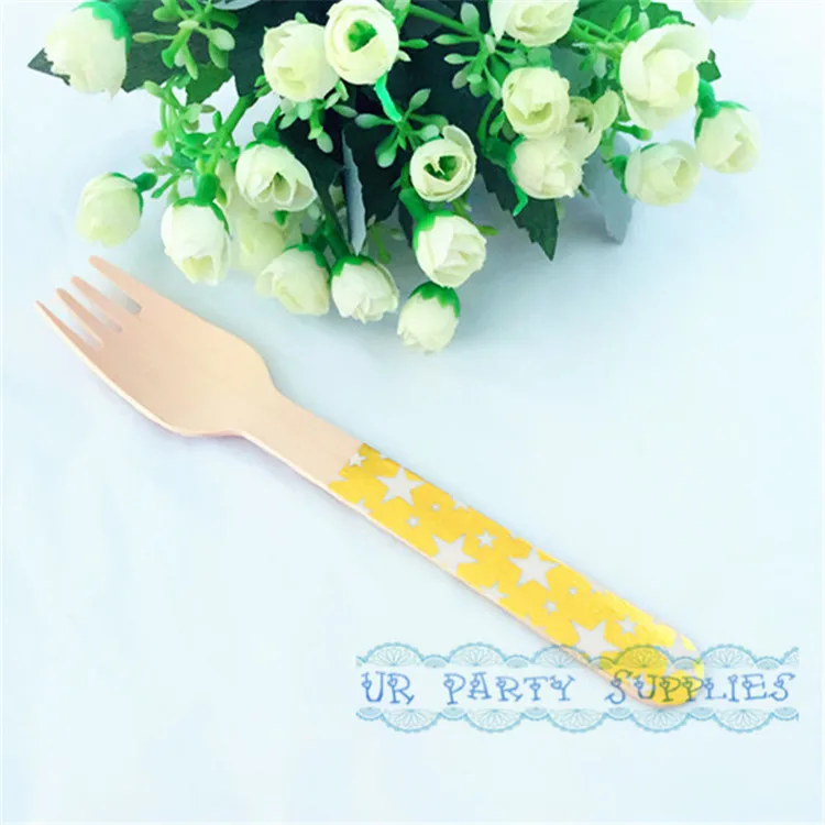 36 шт. биоразлагаемый деревянные столовые приборы золото Фольга белая звезда Вилы