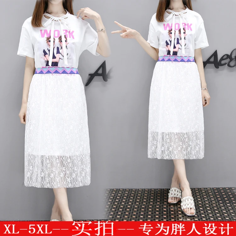 xl - 5xl lady printed T-shirt two-piece lace skirt loose fashion female sets hollow out K94 | Женская одежда