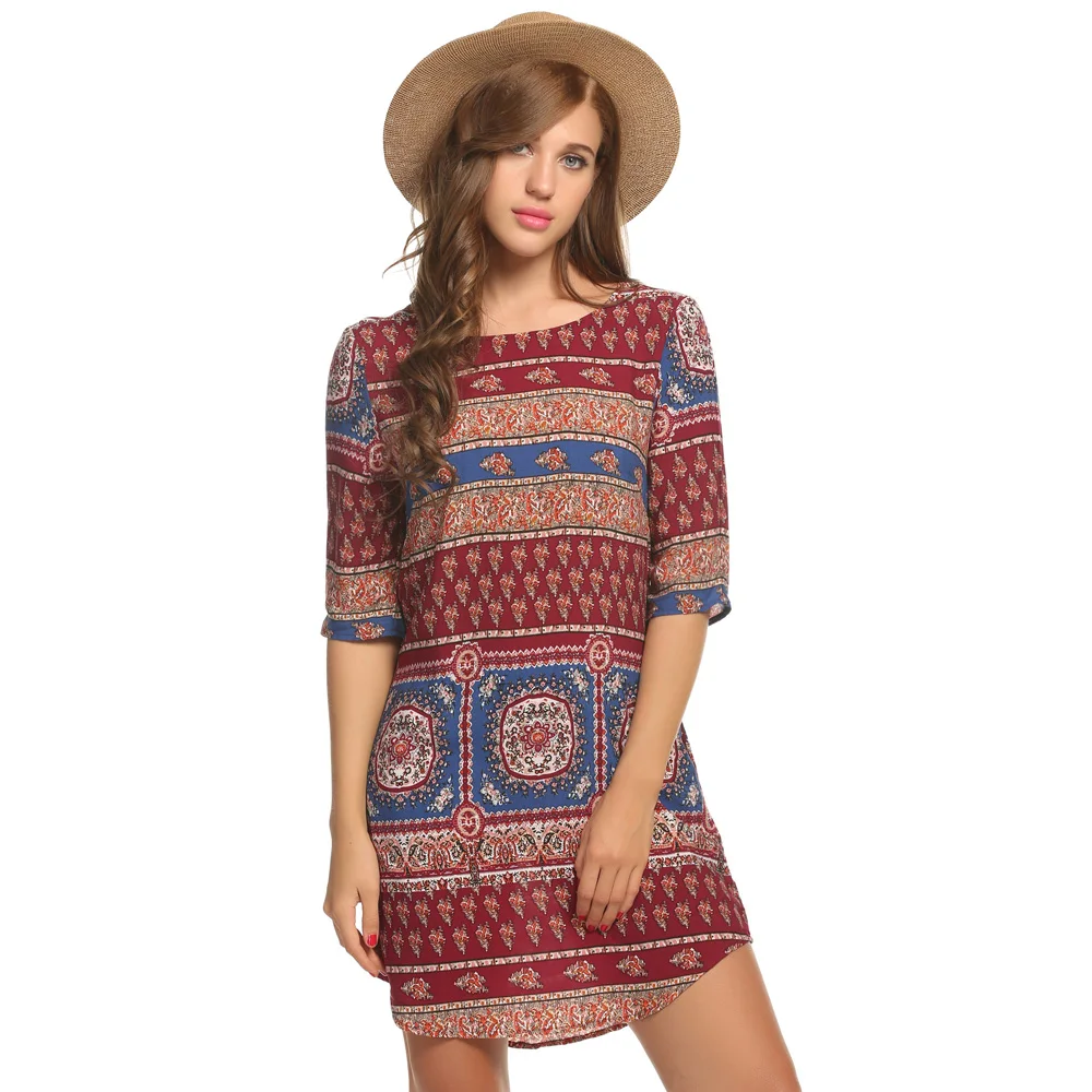 Meaneor Boho Платье женское летнее Открытое платье с принтом Мини Длина О-образным