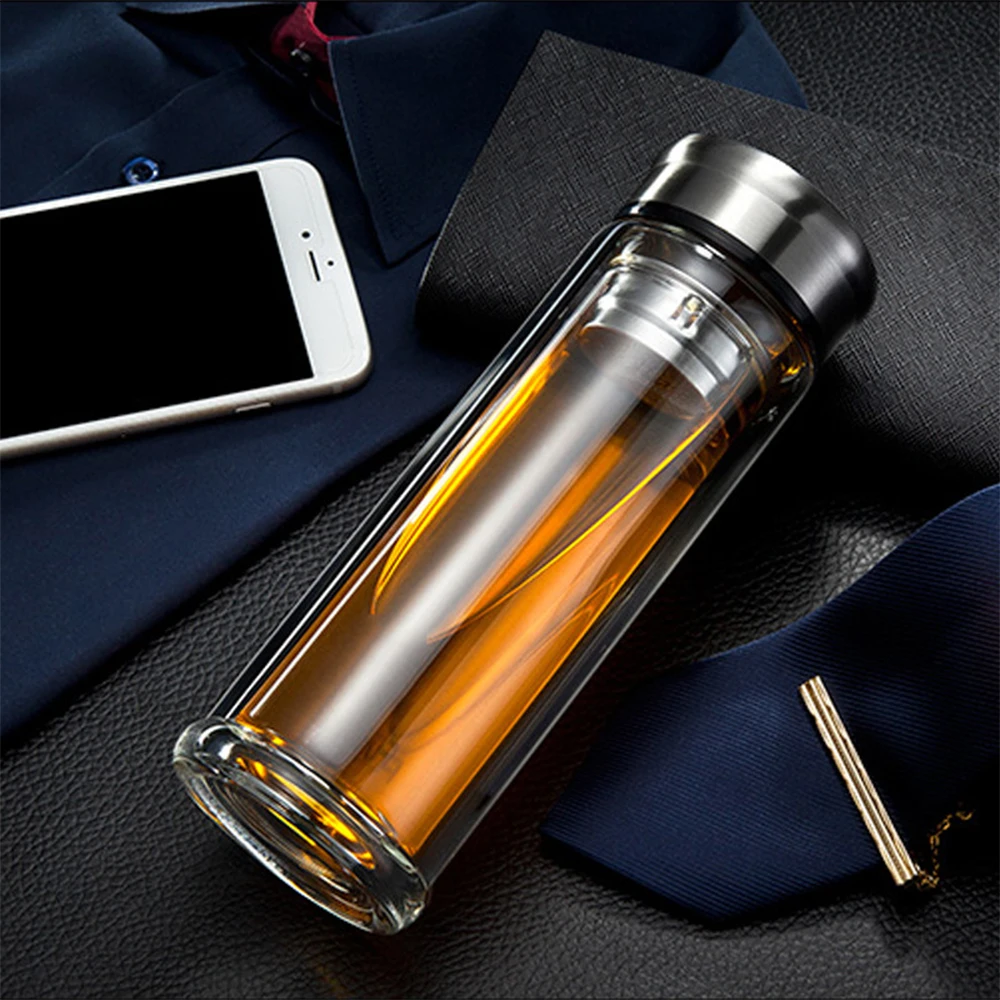 Leak-Proof Double Glass Water Bottle 320ml Drinking Teapot Travel Tour Circular Transparent Bottles With Tea strainer | Дом и сад