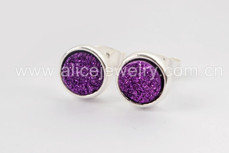 Purple BOROSA, 5 пар, 9 мм, Круглый, серебряный цвет, ободок, титан, Druzy, серьги-гвоздики, покрытие радуги, серьги Drusy, Женские Ювелирные изделия, ZS0328 - Окраска металла: Purple