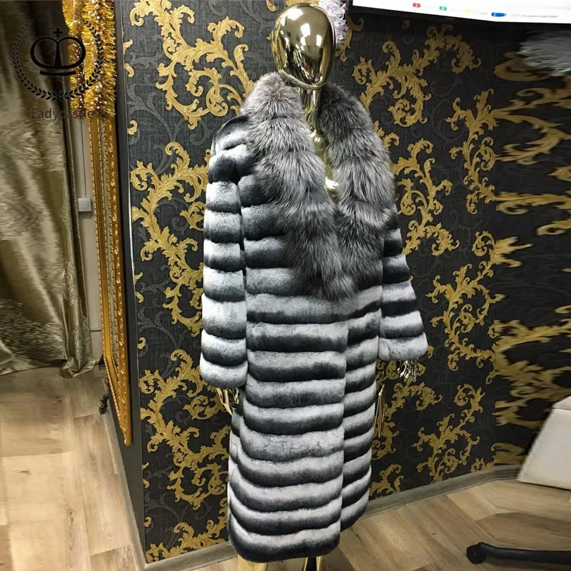 2018New кожа настоящая шиншилла кролик рекс пальто с мехом X Long большим серебристым