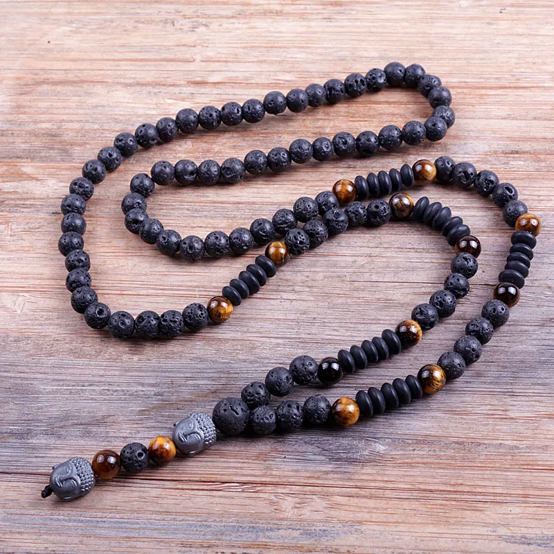 

New Design Black 6mm BLava Stones Wood Bead Men's Hematite Buddha Bead Necklace