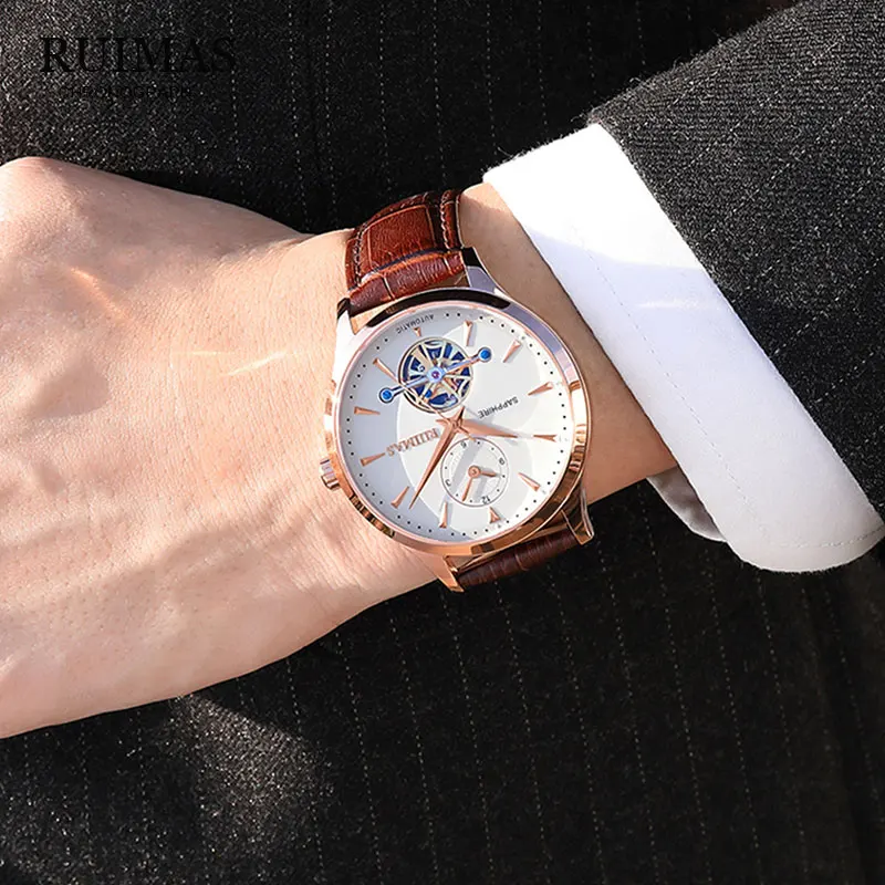 Механические часы RUIMAS Skeleton Tourbillon мужские автоматические Классические наручные