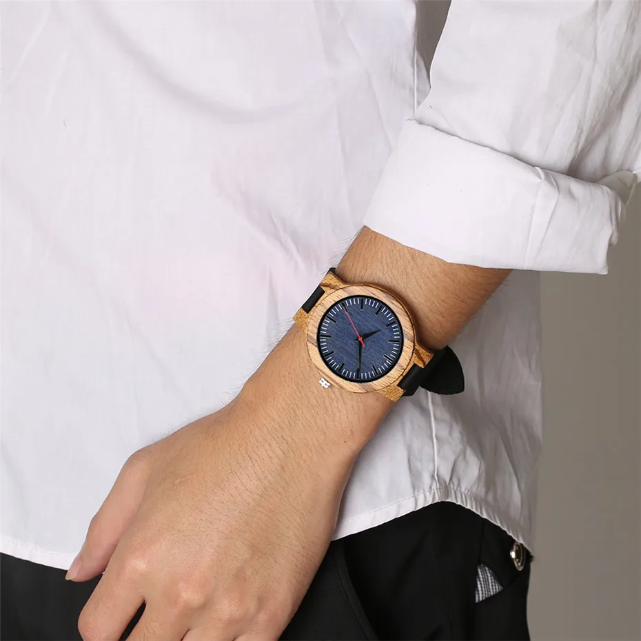 

Relogio Watches Men Blue Dial Wood Wrist Watch Men Quartz Clock Genuine Leather Band Wristwatch with Box Christmas Gifts