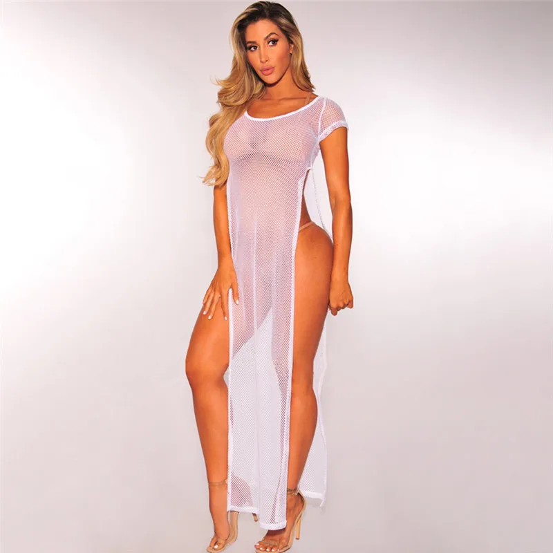 Sheer Mesh Summer Dress Sexy Beach Cover Up Short Sleeve High Slit See-through Women Bikini 2018 Swimsuit Cover-up Vestidos |
