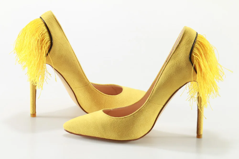 Mancuello/желтый кисточки высокая женская обувь на каблуках Туфли каблуке с бахромой