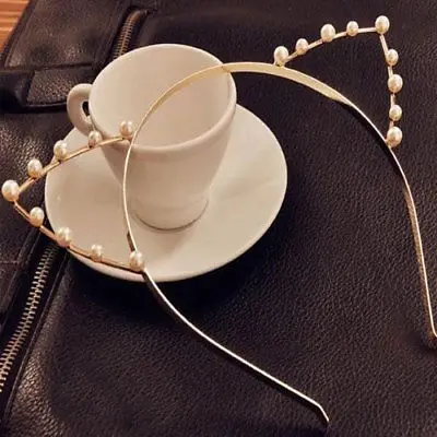 Gold Pearl Женские кружевные кошачьи уши, искусственный кристалл, стразы, сплав, повязка для волос, обруч для волос - Цвет: Gold Pearl