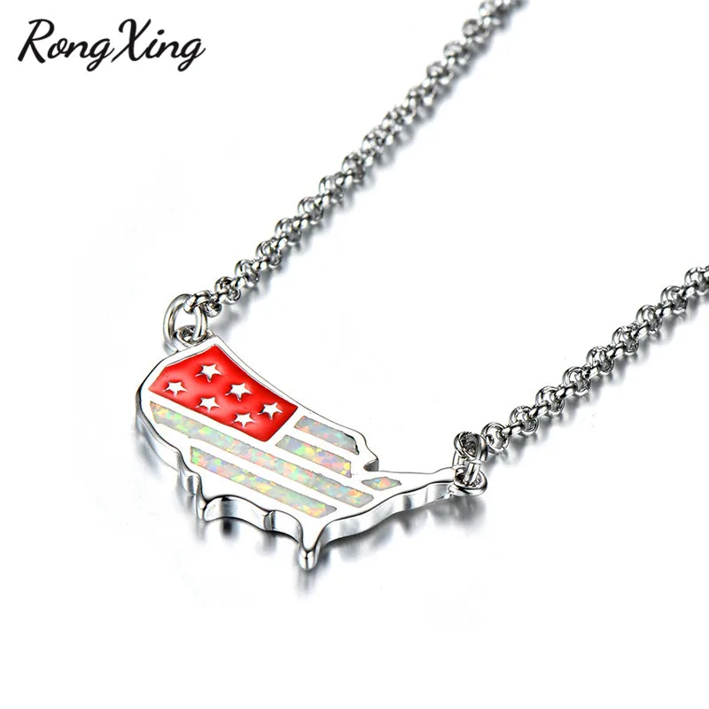 RongXing Silver Color American Flag Pendant Necklaces for Women White/Blue Fire Opal Birthstone Necklace Xmas Gift | Украшения и