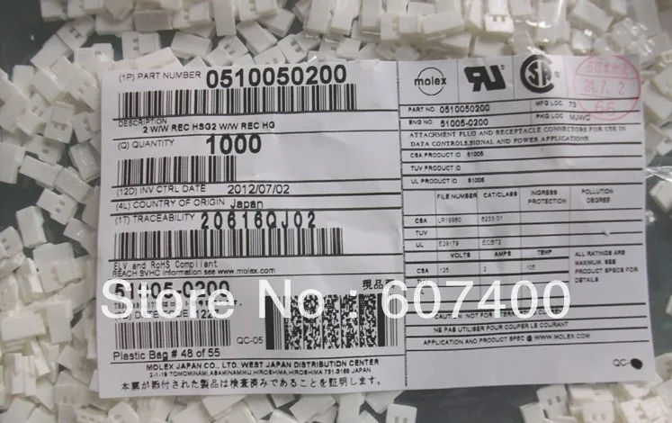 Terminais de Caixas Novos e Originais Conn Rcpt mm Wire to 51005-0200 Molex Conectores 100% Partes 0510050200 2pos 2