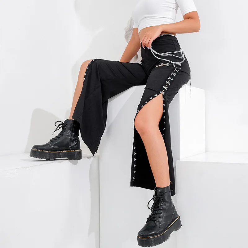 Сексуальные брюки с металлической пряжкой в стиле панк высокой талией женские