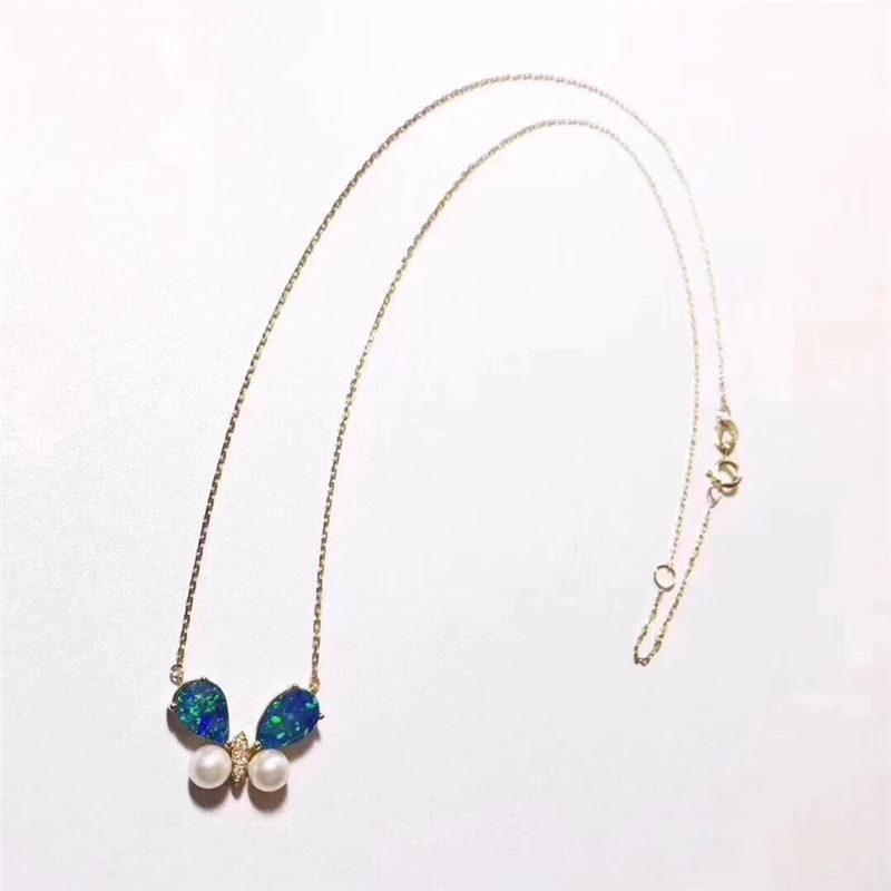 Aazuo 18K Yellow Gold Opal Akoya Pearl Butterfly Necklace Natual Blue Opalgifted for Women Valentine's Day Gift Link Chain | Украшения