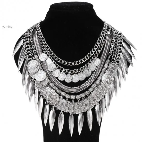 Hot Sell Vintage Necklaces Ethnic Jewelry Carving Flower Letter Round Gold/Silver Coin tassels Choker necklaces 36 | Украшения и