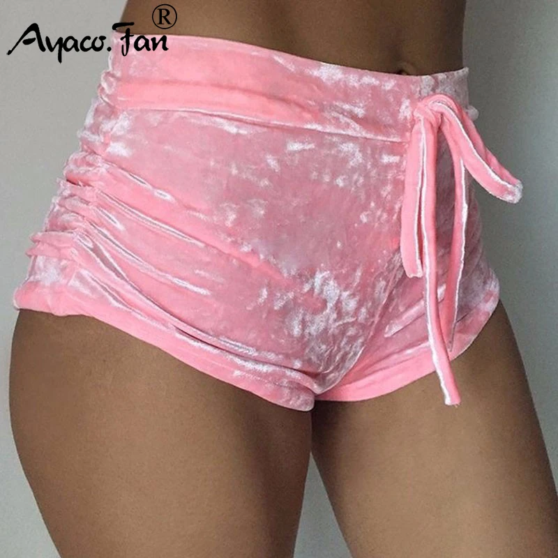 

2019 Summer New Women Pink Velvet Slim Sports Shorts Sexy Bodycon Workout Flannel Short Pants Casual Lady Elastic Soft Sportwear