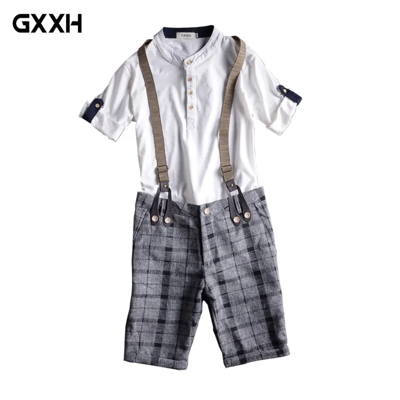 

Men's Gray Plaid / Black Vertical Knee Jumpsuit Slim Sling Workwear Men's Summer Thin Jeans Strap Beach Shorts Size 28-34 36 38