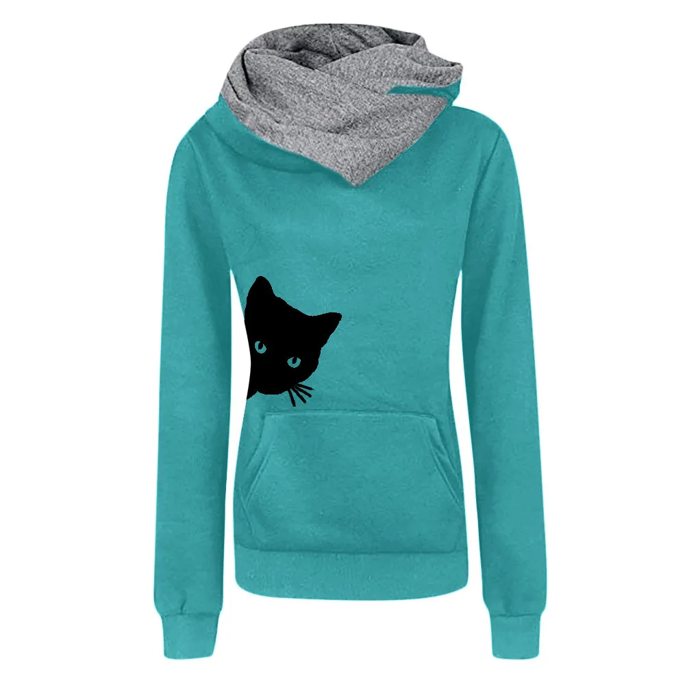 Light Blue Весна, женские толстовки, повседневные, с рисунком кота, с длинным рукавом, пуловеры, рубашки, тонкие, для девушек, с капюшоном, толстовки, топы, блузки - Цвет: Light Blue