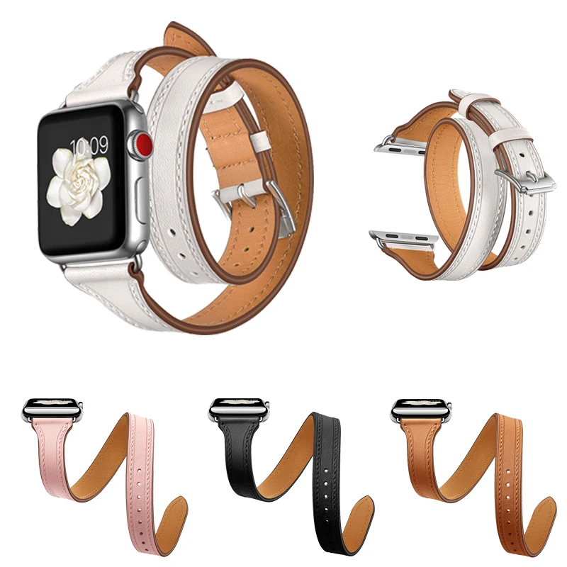 Ремешок двойной из натуральной кожи для Apple Watch band 4 44/40/42/38 мм браслет iwatch series 3/2/1