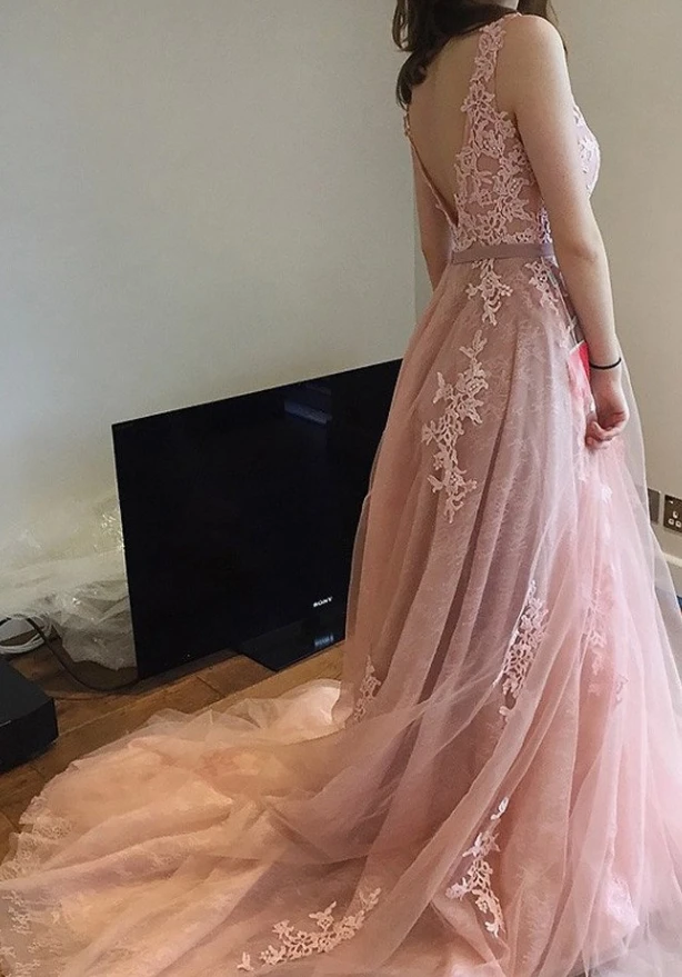

Pink Lace Appliques Prom Dresses Long 2019 Backless Vestidos De Gala Tulle Sleeveless Evening Dress Elegant Formal Party Gowns