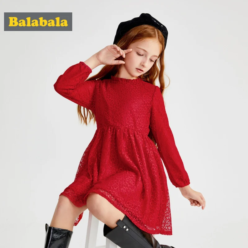Balabala Girls Flared Long-sleeved Lace Dress 100% Cotton Lined with Ruffled Collar Teenage Girl Knee Wedding Party | Детская одежда и
