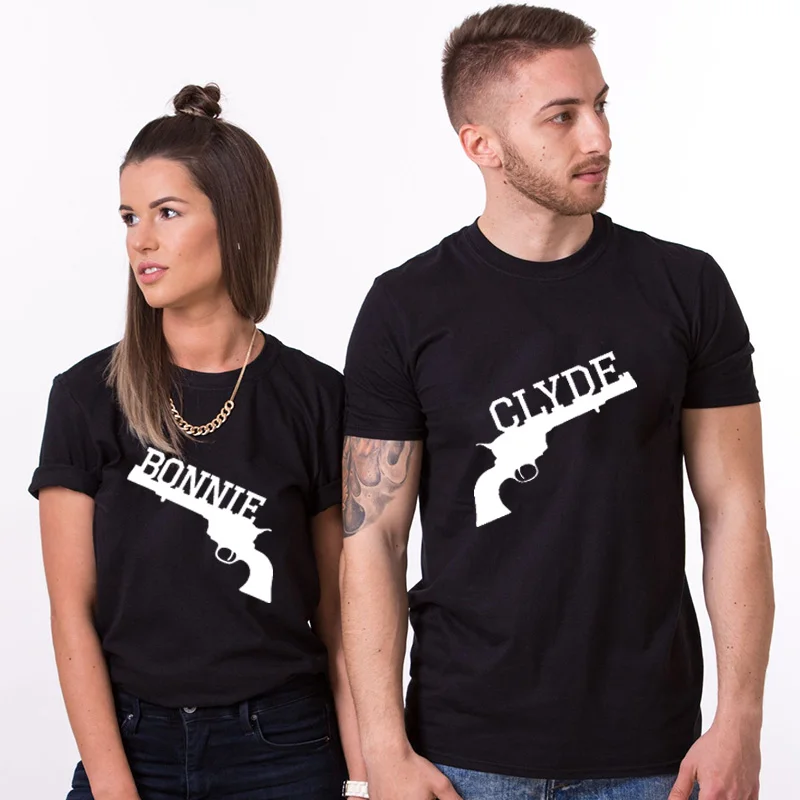 Одинаковые футболки для пар 100% хлопок Bonnie and Clyde Забавный Свадебный Топ футболка