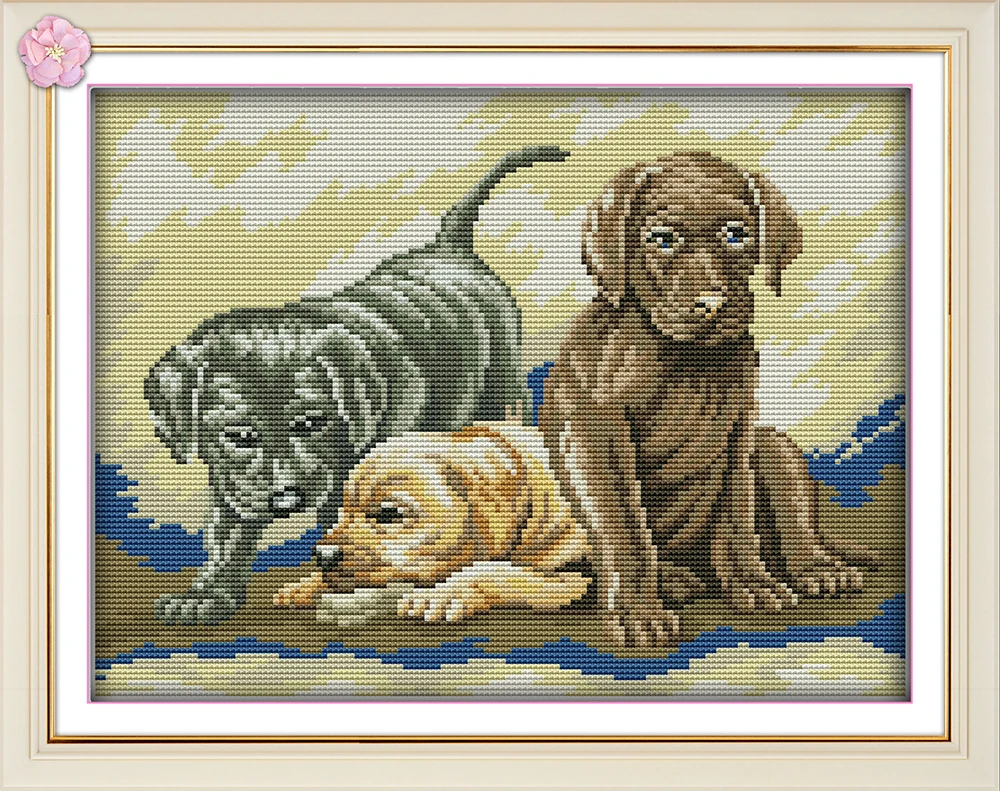 

Three puppies cross stitch kit DMC color cotton thread 14ct 11ct count print canvas stitches embroidery DIY handmade needlework
