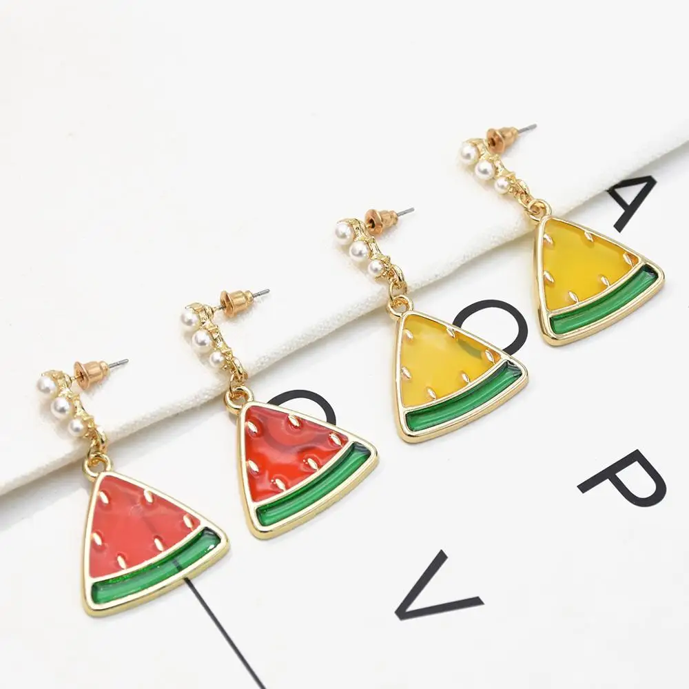 

Korean Japan Creative Red Fruit Drop For Girls Cute Loverly Watermelon Glitter Funny Pearls Mini Earrings Summer Beach Jewelry
