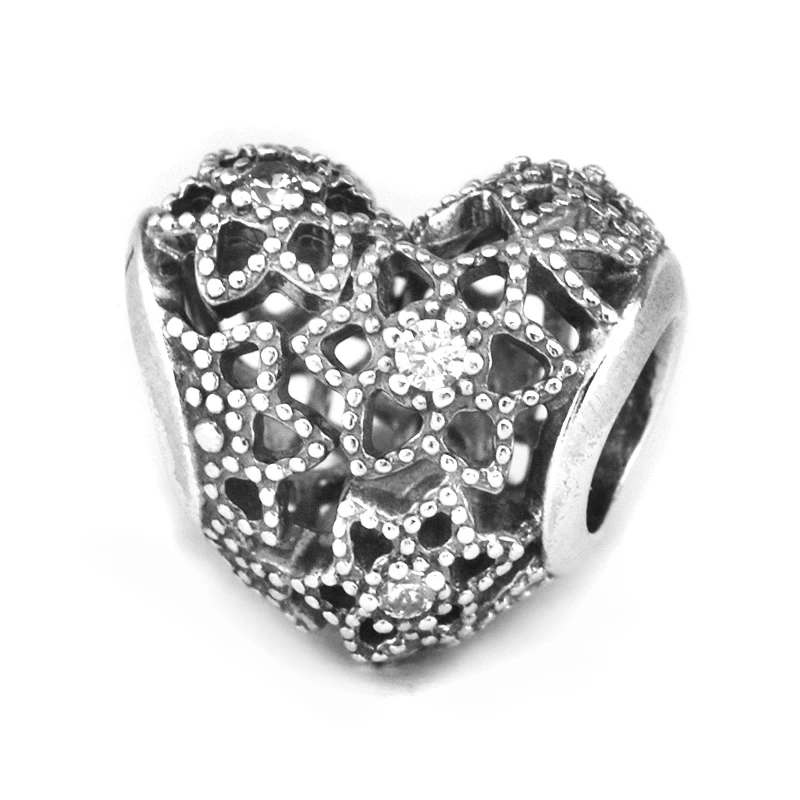 

Authentic 925 Sterling Silver Charms Clear CZ Blooming Heart Charm Beads Fits Original Bracelet DIY Jewelry Making Berloque