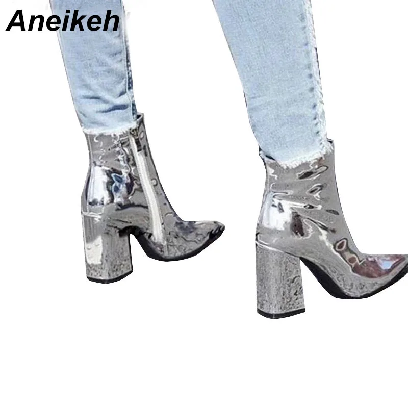 Aneikeh/женские осенние ботинки из искусственной кожи на резиновой подошве с острым носком на квадратном каблуке модная женская обувь на высоком каблуке серебристого цвета; Размеры 35-40