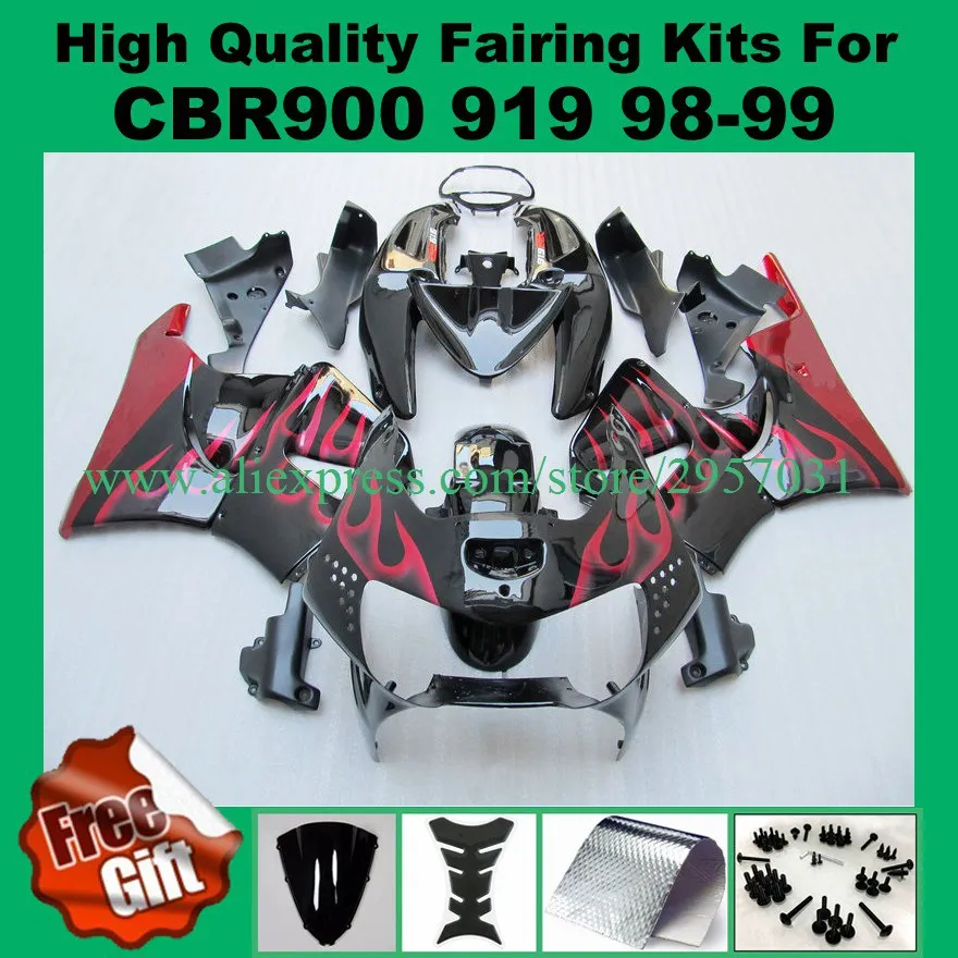 

Free screws+gifts Fairing kit for HONDA CBR900RR 919 98 99 CBR 900RR CBR900 1998 1999 ABS Black Red Flames Fairings set