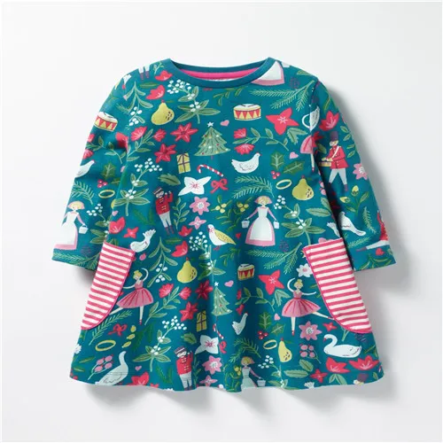 T1110 GREEN Детская одежда из хлопка; платья для девочек; платье с длинными рукавами и карманами; трикотажное платье с принтом; осень года; рождественские детские платья для девочек - Цвет: T1110 GREEN