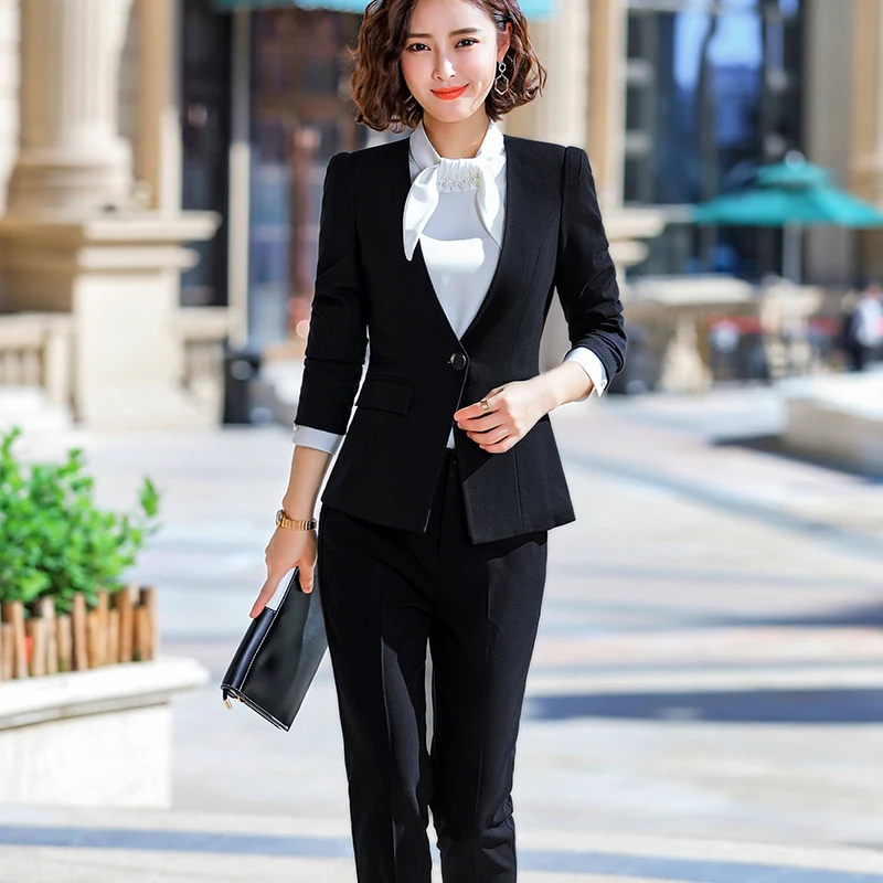 

Lenshin 2 piece Sets Beige Pant Suits Formal Lady Office Uniform Designs Women Elegant Business Work Wear Jacket with Trousers