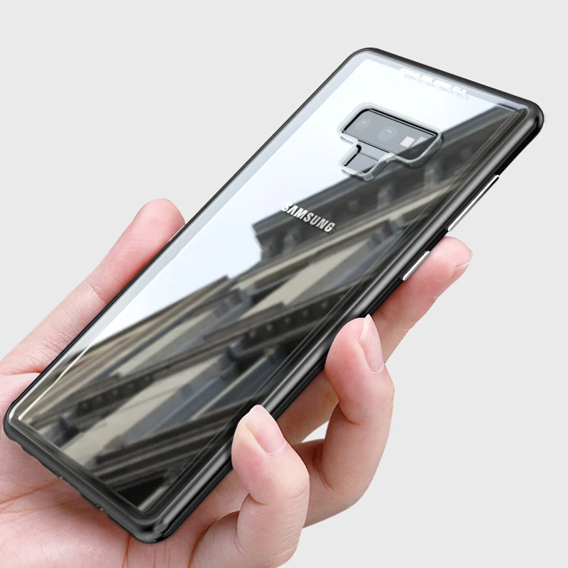 Magnetic Adsorption Case for Samsung Galaxy Note 9 Metal Aluminum Frame Clear Tempered Glass Back Cover Note9 |