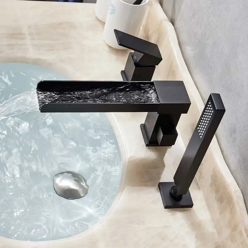 Black Bronze Матовый черный водопад кран для ванны с одной ручкой на бортике с длинным носиком Смеситель для ванны выдвижной ручной душ широко распространенный кран для ванны - Цвет: Black Bronze